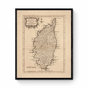 Mapa del siglo 18 de Córcega - Reproducción de antigüedades - Francia - Disponible enmarcado