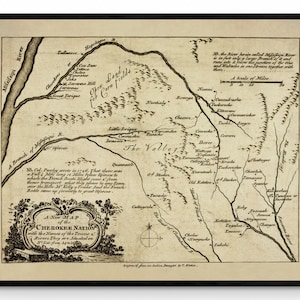 Mapa da nação Cherokee datado de 1760 - Reprodução antiga - História dos nativos americanos - Disponível emoldurado