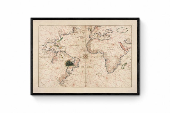 大西洋ポルトラン海図 1544年 - アンティーク複製 - 航海図 - 額入り