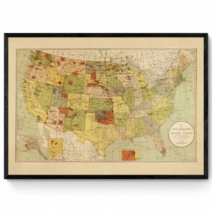 Mapa que muestra las reservas indias dentro de los límites de los Estados Unidos con fecha de 1892 - Reproducción antigua - Disponible enmarcado