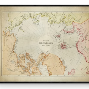 Nordumdungsregion Karte - Antike Reproduktion - datiert 1882 - Polarkreis - Nordpol - Polarexploration - Verfügbar mit Rahmen