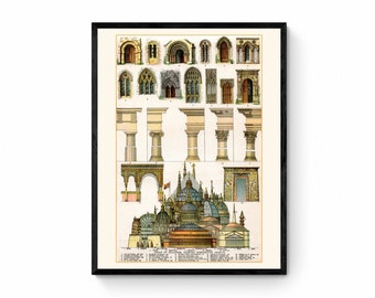 May include: A vintage illustration of architectural elements, including arches, columns, and windows. The illustration is in a detailed, hand-drawn style with a variety of colors and textures. The image includes text labels for each element.