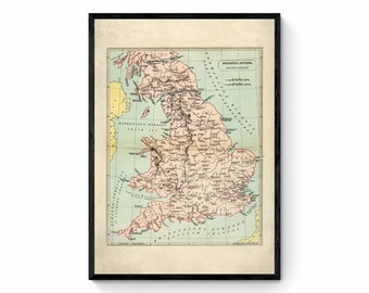 19世紀 イギリスとウェールズの古地図 ガラス額縁 木製フレーム付き