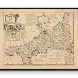 Mappa della Cornovaglia datata 1750 - Riproduzione antica - Emanuel Bowen - Mappa dettagliata della contea - Disponibile con cornice
