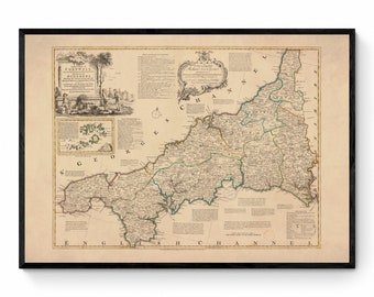 Cornwall Map dated 1750 - Antique Reproduction - Emanuel Bowen - Detailed County Map - Available Framed