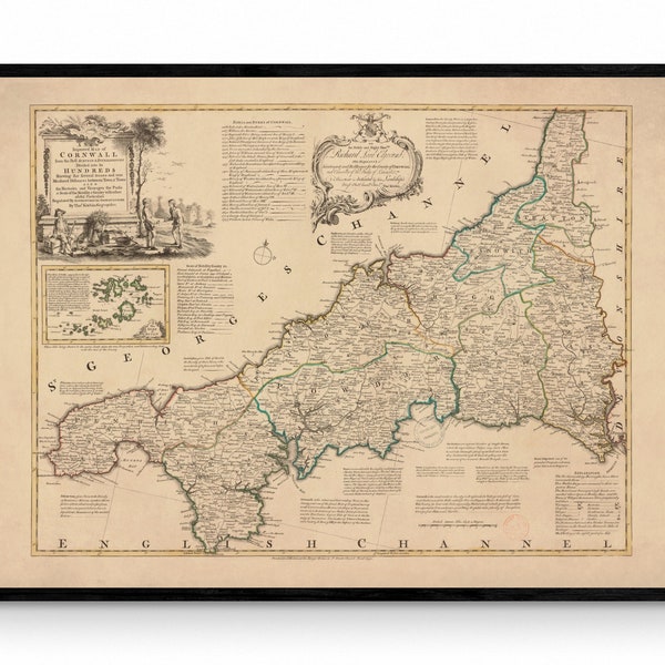 Cornwall Map dated 1750 - Antique Reproduction - Emanuel Bowen - Detailed County Map - Available Framed