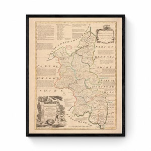 Mapa de Buckinghamshire fechado en 1760 - Reproducción antigua - Emanuel Bowen - Mapa detallado del condado - Disponible enmarcado