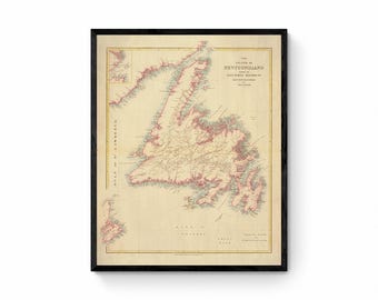Newfoundland Map - Antique Reproduction - Dated 1884 - Available Framed