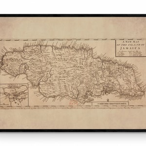 Jamaika Karte aus dem Jahr 1740 mit Städten, Kirchen, Zuckerwerken, Indico Werken und Baumwolle und Kakao - Antike Reproduktion - Verfügbar mit Rahmen