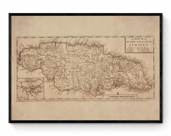 May include: An antique map of the island of Jamaica, printed in brown ink on a beige background. The map shows the island's coastline, rivers, and towns. The title "A New Map of the Island of Jamaica" is printed at the top of the map.