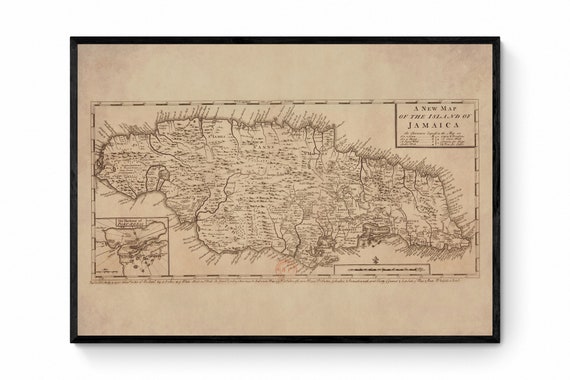 Jamaica Map Dated 1740 Showing Towns, Churches, Sugar Works