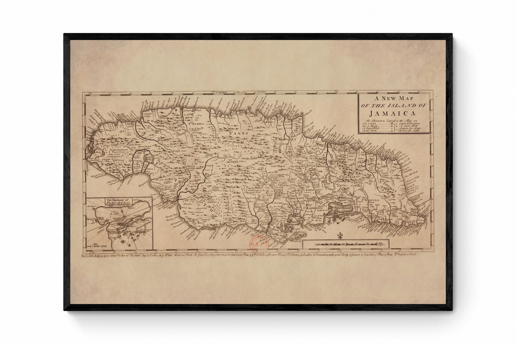 Jamaica Map Dated 1740 Showing Towns, Churches, Sugar Works