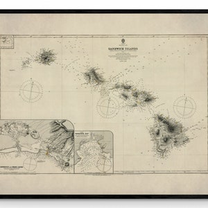 Mappa dell'Ammiragliato delle Hawaii datata 1885 - Isole Sandwich - Riproduzione antica - Honolulu e Pearl Lochs - Hanapepe Bay - Disponibile con cornice