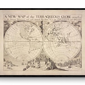 Map of the terraqueous globe according to the ancient discoveries Antique Map - dated 1700 - Antique Reproduction  - Available Framed