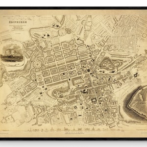 Edinburgh City Plan von 1834 mit Inset Gravur von Edinburgh Castle - Antike Reproduktion - Stadt Karte - Schottland - Erhältlich gerahmt