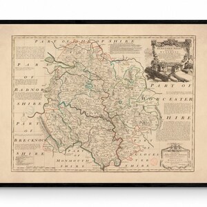 Mapa de Herefordshire fechado en 1760 - Reproducción antigua - Emanuel Bowen - Mapa detallado del condado - Disponible enmarcado