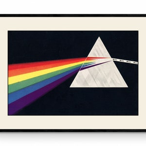 May include: A framed print depicting a prism refracting light into a rainbow. The prism is a white triangle against a black background. The rainbow is a spectrum of colours, from red to violet.