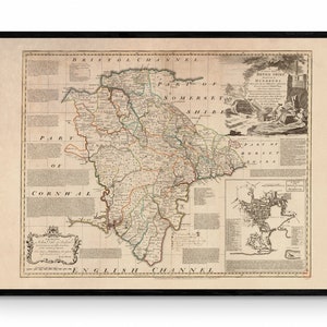 Carte du Devon datée de 1749 - Reproduction antique - Emanuel Bowen - Carte détaillée du comté - Disponible encadrée