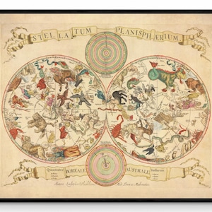 Constellations Planisphere Antike Reproduktion - Astronomie - Sternenkarte - Tierkreis - Sternzeichen - datiert 1675 - gerahmt erhältlich