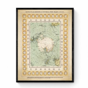 Zuidpoolgebieden en universele tijdkaart (zuidelijk halfrond) gedateerd 1909 Antieke reproductie - Antarctica - Beschikbaar ingelijst