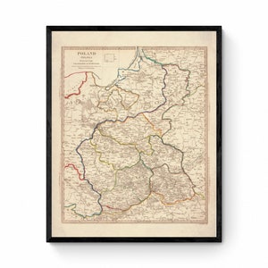 Polen Karte von 1831 - Polska - Aufgeteilt in acht Kurpfalz oder Woiwodies - Antike Reproduktion - Mit Rahmen erhältlich