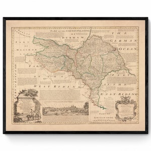 Carte du Yorkshire (North Riding) datée de 1755 - Reproduction antique - Emanuel Bowen - Carte détaillée du comté - Disponible encadrée