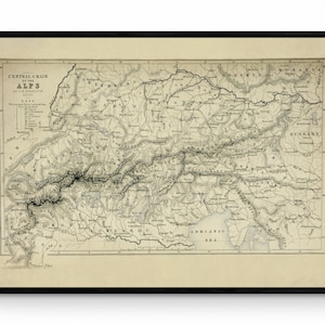 Mapa da Cadeia Central dos Alpes datado de 1871 - Reprodução Antiga - Passo de Montanha - Suíça - Áustria - Itália - França - Disponível emoldurado