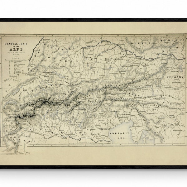 Zentrale Kette der Alpen Karte datiert 1871 - Antike Reproduktion - Gebirgspass - Schweiz - Österreich - Italien - Frankreich - gerahmt erhältlich
