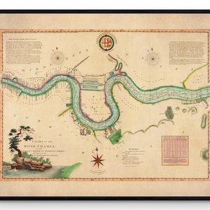 Tamise, du pont de Londres à Woolwich Warren, carte ancienne - datée 1802 - reproduction ancienne - disponible encadrée