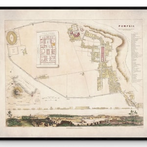 Mapa antigo da cidade de Pompéia - datado de 1832 - Reprodução antiga - Itália - Disponível emoldurado