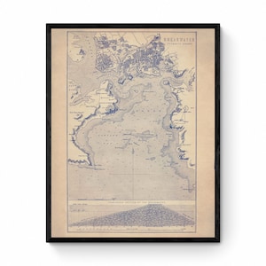 プリマス防波堤地図 - アンティーク複製 - プリマス湾 - デボン - イングランド - 航海用装飾 - 額入りあり