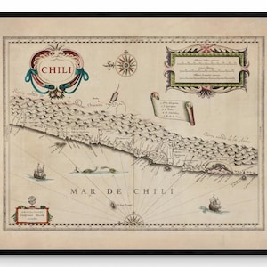 Chile Map dated 1645 - Antique Reproduction - Available Framed