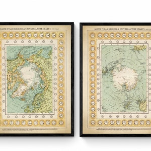 Polarregionen Karten - Arktis und Antarktis - 2er Set - Antike Reproduktion - Vintage Wandkunst - gerahmt erhältlich