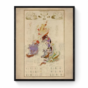 Carte paléontologique des îles britanniques - Reproduction antique - Palentologie - Fossile - Géologie - Grande-Bretagne - Disponible encadré