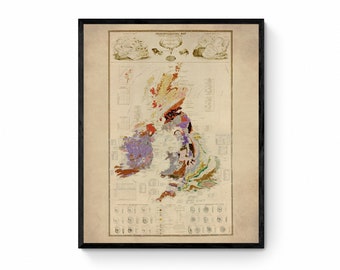 Paleontologische kaart van de Britse eilanden - Antieke reproductie - Paleentologie - Fossiel - Geologie - Groot-Brittannië - Beschikbaar ingelijst