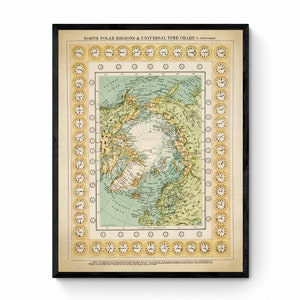 Noordpoolgebieden en Universal Time Chart (noordelijk halfrond) gedateerd 1909 antieke reproductie - Arctische verkenning - beschikbaar ingelijst