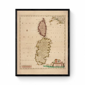 Sardinië en Corsica Kaart gedateerd ca. 1715 - Antieke reproductie - Italië en Frankrijk - Beschikbaar ingelijst
