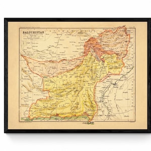 Mapa Beludżystanu - Antyczna reprodukcja - Beludżystan - Pakistan - Afganistan - Iran - Mapa z 1908 r. - Dostępna w ramie