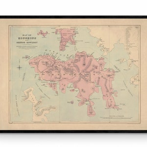 1888 年香港地図とイギリス領九龍地図 - アンティーク複製 - 額入り