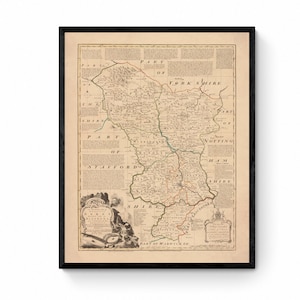 Mapa de Derbyshire fechado en 1755 - Reproducción antigua - Emanuel Bowen - Mapa detallado del condado - Disponible enmarcado