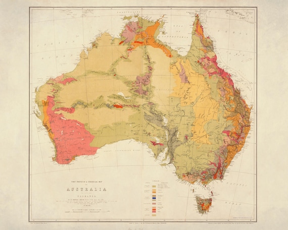 オーストラリアヘイマン島地図額縁 オーストラリアの地質図 - 1875 年 - アンティーク複製 - 地質図 - 額