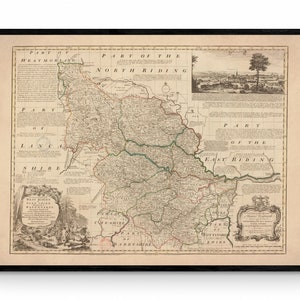 Carte du Yorkshire (West Riding) datée de 1749 - Reproduction antique - Emanuel Bowen - Carte détaillée du comté - Disponible encadrée