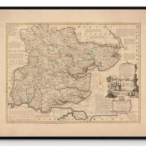 Mapa de Essex fechado en 1750 - Reproducción antigua - Mapa detallado del condado - Disponible enmarcado