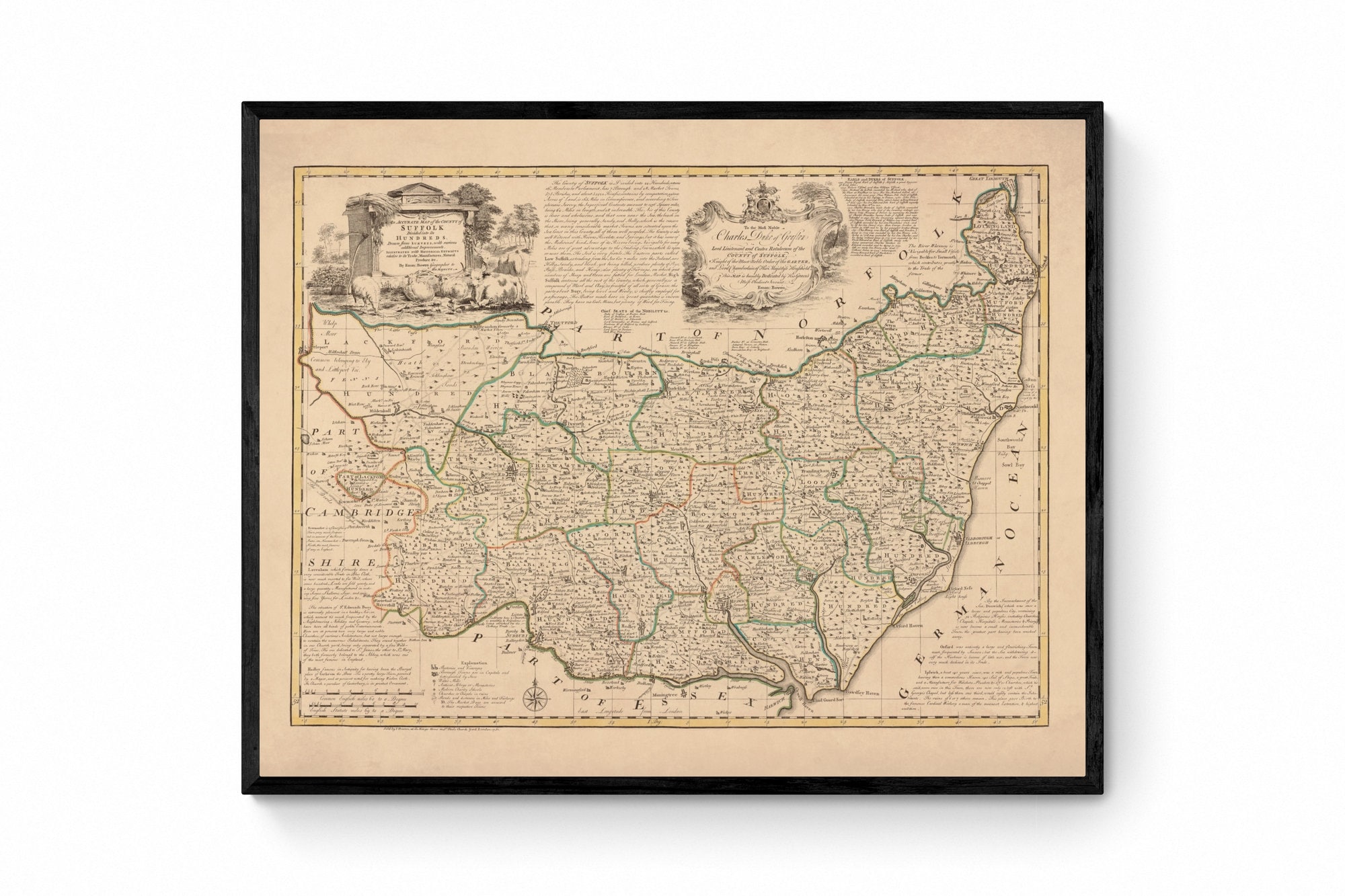 Mapa de Suffolk de 1750 - Reproducción antigua - Emanuel Bowen - Mapa detallado del condado - Disponible enmarcado