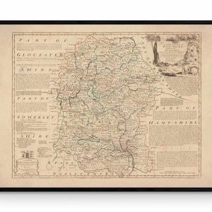 Wiltshire Karte datiert 1750 - Antike Reproduktion - Emanuel Bowen - Detaillierte County Karte - Erhältlich gerahmt