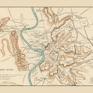 May include: A vintage map of Ancient Rome, depicting the city's layout and key landmarks. The map is drawn in brown and beige tones, with a blue river running through the centre. The map includes labels for the city's seven hills, including the Capitoline, Palatine, and Aventine hills. The map also includes labels for various buildings and structures, such as the Colosseum, the Forum, and the Pantheon.