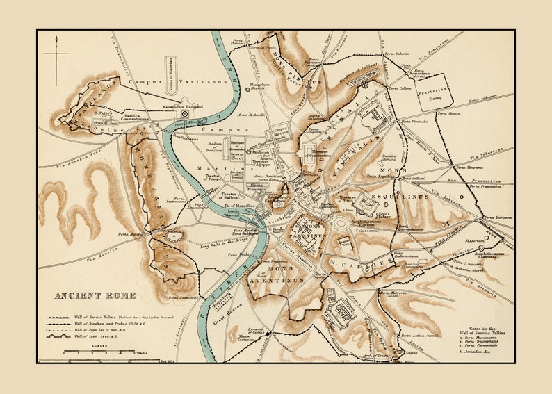 May include: A vintage map of Ancient Rome, depicting the city's layout and key landmarks. The map is drawn in brown and beige tones, with a blue river running through the centre. The map includes labels for the city's seven hills, including the Capitoline, Palatine, and Aventine hills. The map also includes labels for various buildings and structures, such as the Colosseum, the Forum, and the Pantheon.