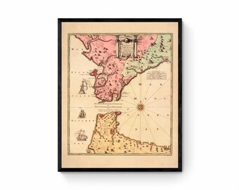 Mapa del Estrecho de Gibraltar - fechado hacia 1729 - Reproducción antigua - Disponible enmarcado