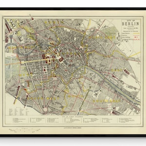 Stadt Berlin Karte von 1883 mit Postvierteln, Straßenbahnen, U-Bahnen - Antike Reproduktion - Deutschland - Verfügbar mit Rahmen