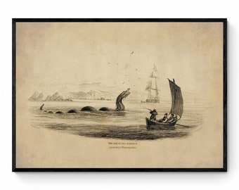 The Great Sea Serpent (according to Pontoppidon) Print dated 1839 - Antique Reproduction - Sea Monster - William Jardine - Available Framed